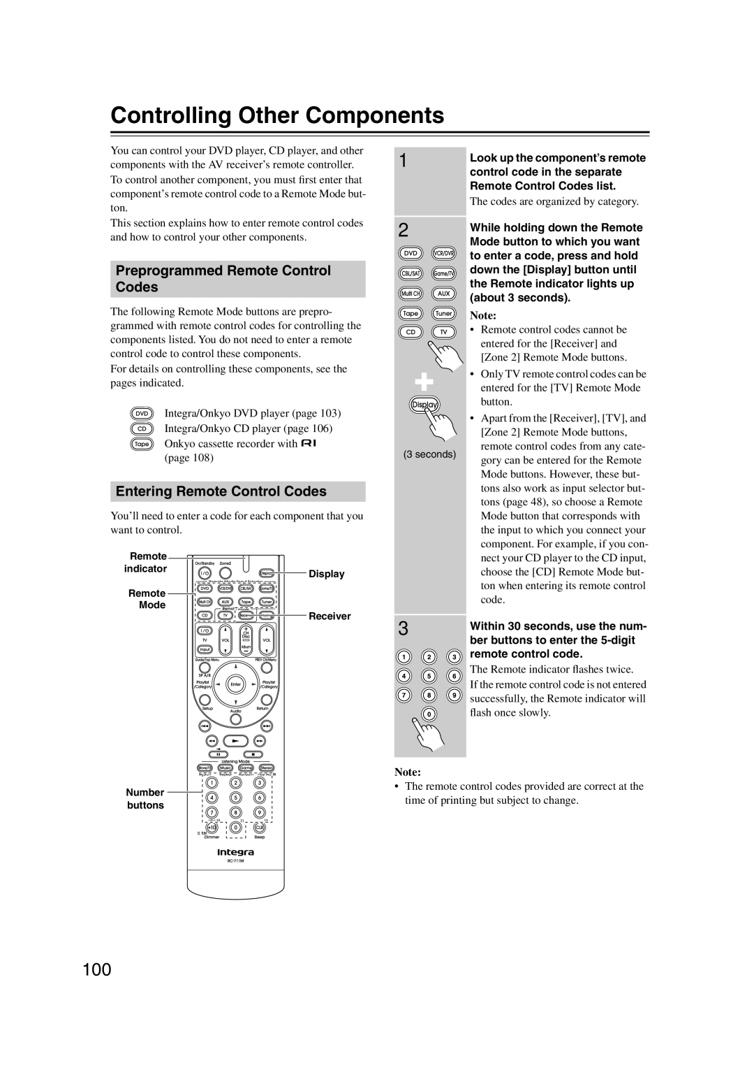 Integra DTR-5.9 Controlling Other Components, 100, Preprogrammed Remote Control Codes, Entering Remote Control Codes 