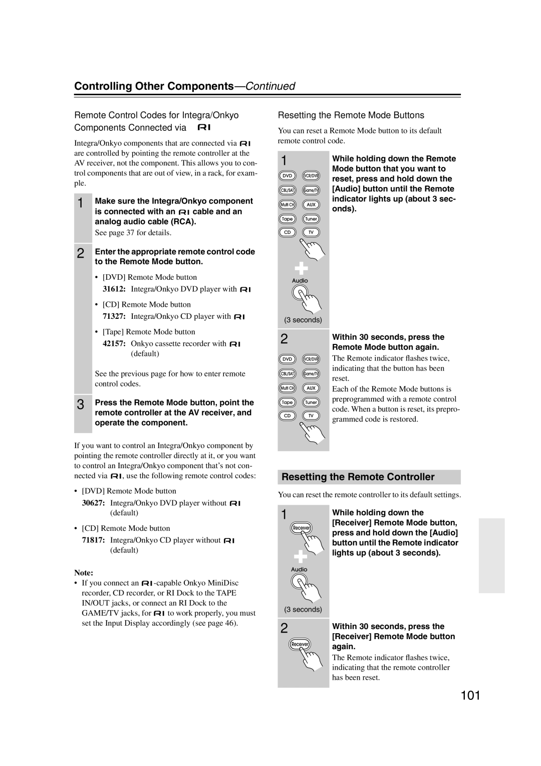 Integra DTR-5.9 101, Controlling Other Components, Resetting the Remote Controller, Resetting the Remote Mode Buttons 