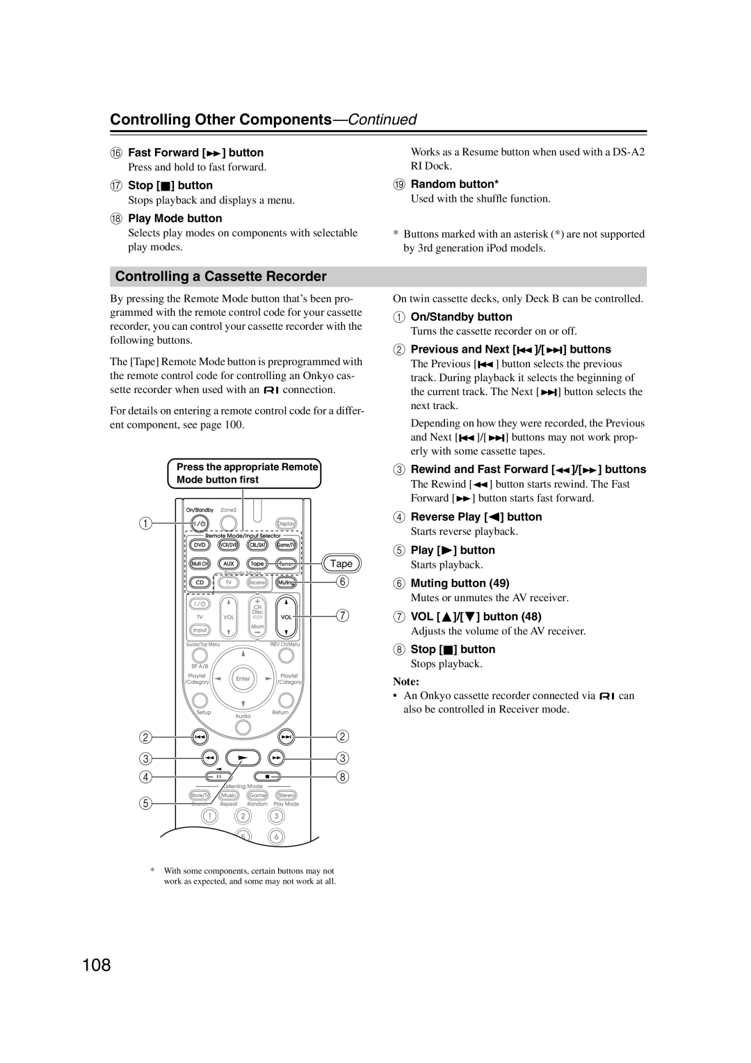 Integra DTR-5.9 instruction manual 108, Controlling a Cassette Recorder 