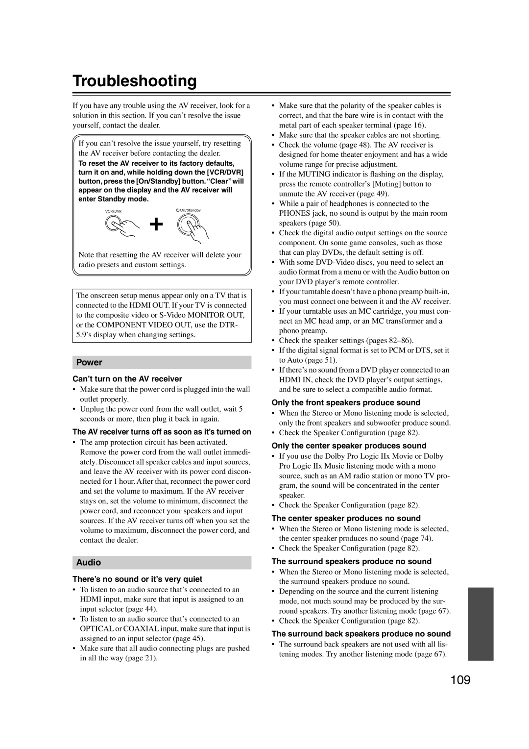 Integra DTR-5.9 instruction manual Troubleshooting, 109 