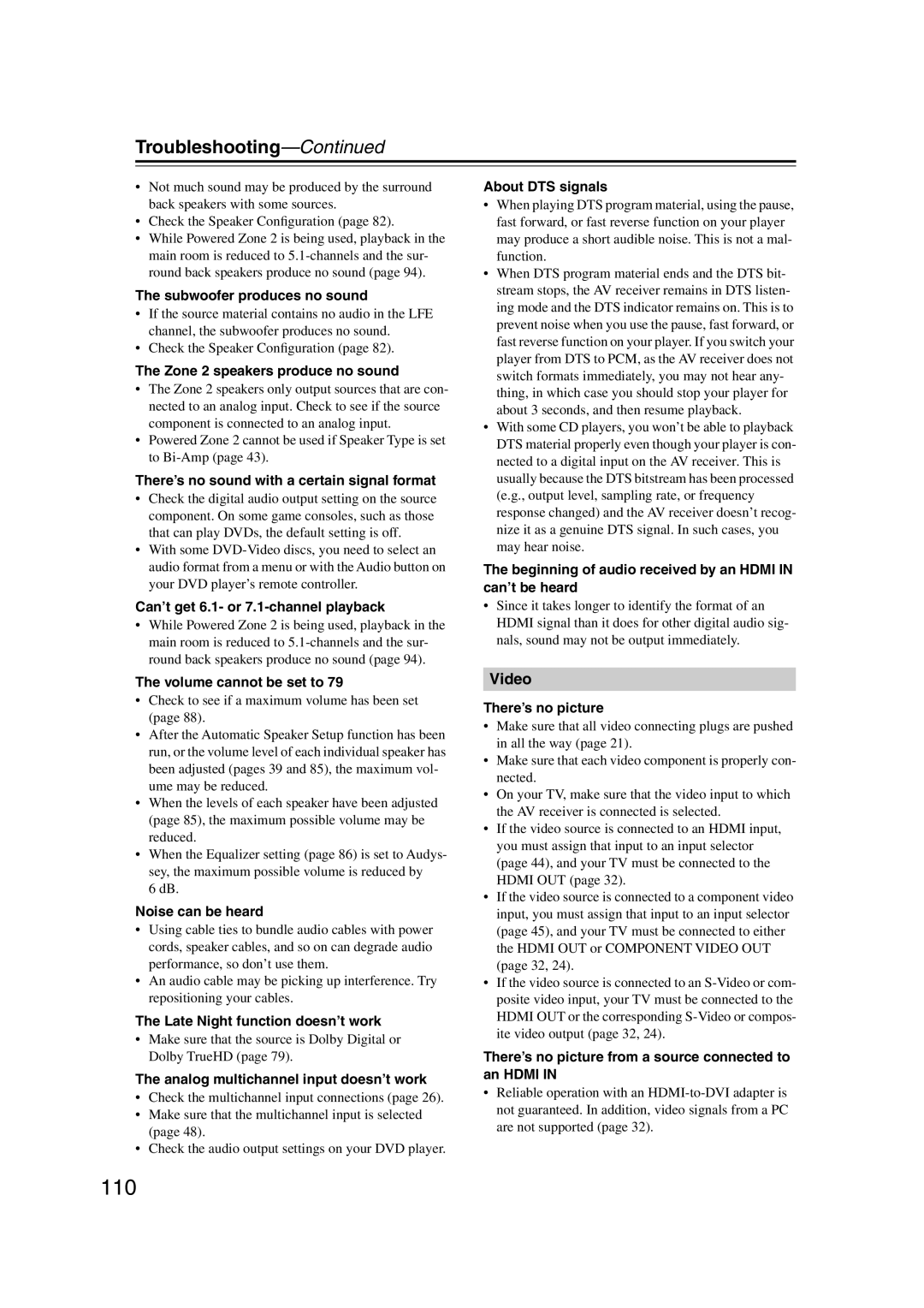 Integra DTR-5.9 instruction manual 110, Troubleshooting 