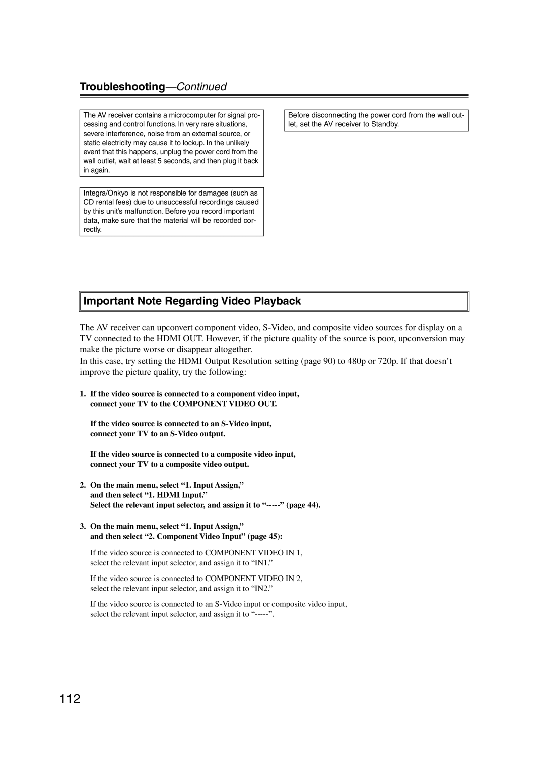 Integra DTR-5.9 instruction manual 112, Important Note Regarding Video Playback 