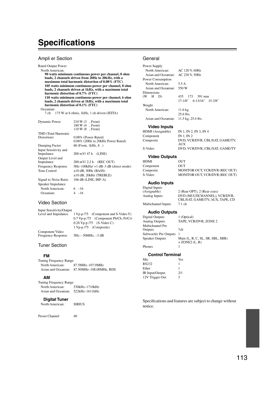 Integra DTR-5.9 instruction manual Speciﬁcations, 113 