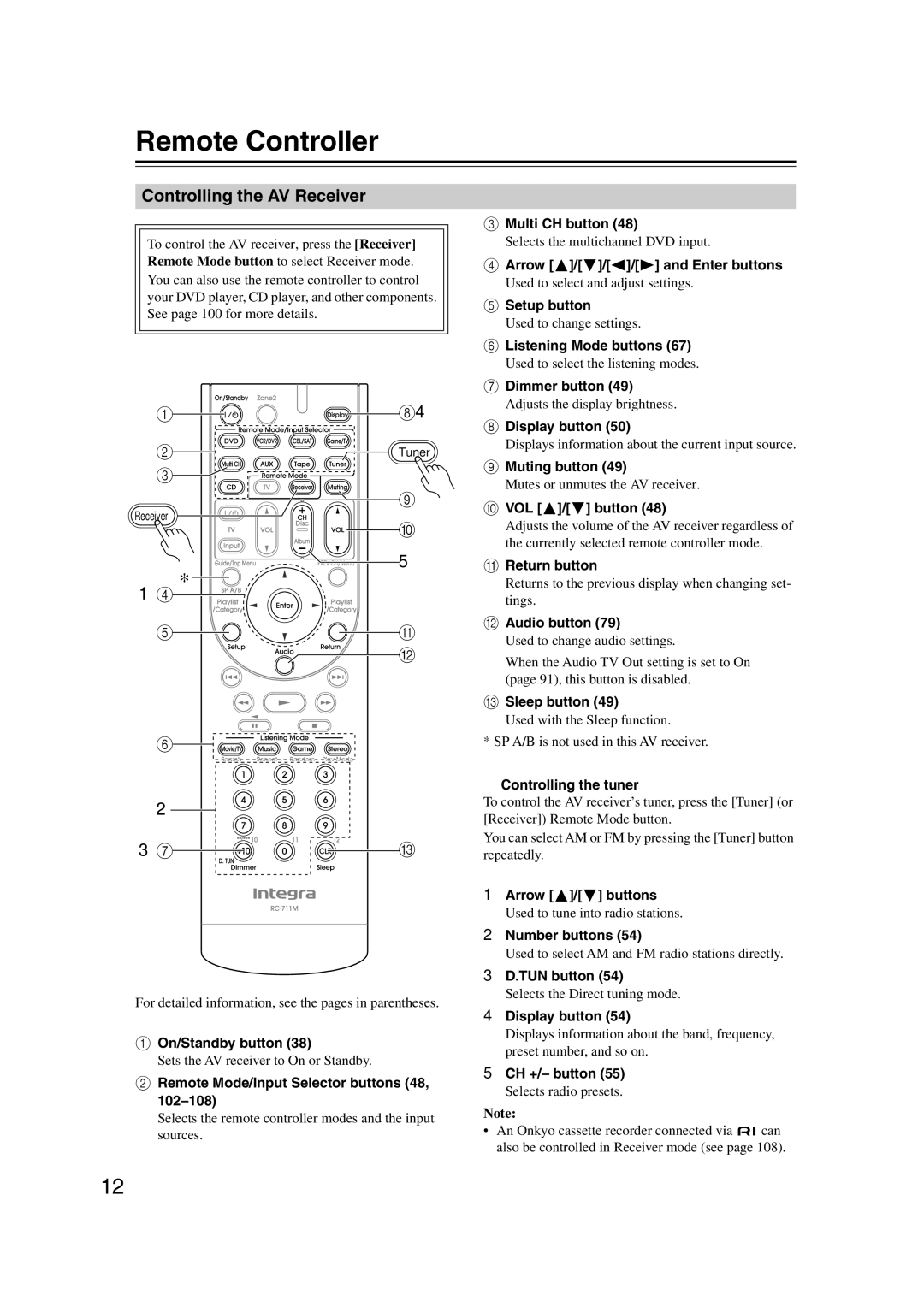 Integra DTR-5.9 Muting button, Button, Audio button, Sleep button, Controlling the tuner, Arrow / buttons, Number buttons 