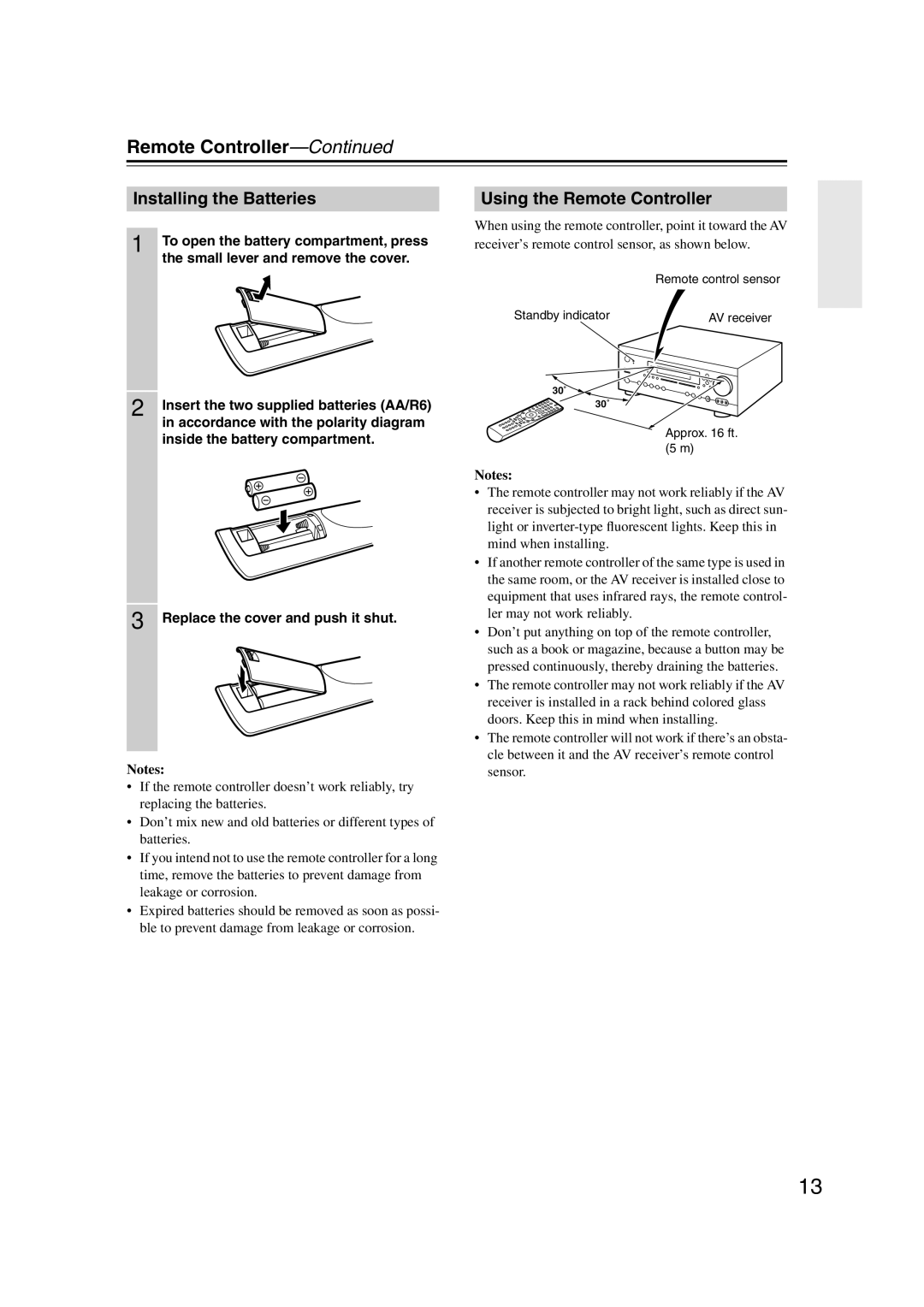 Integra DTR-5.9 instruction manual Installing the Batteries, Using the Remote Controller 