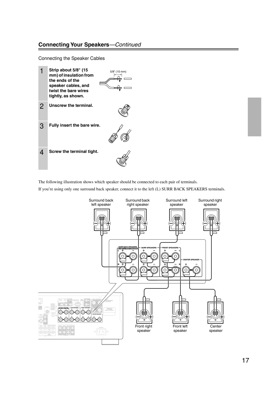 Integra DTR-5.9 instruction manual Connecting the Speaker Cables, Strip about 5/8 