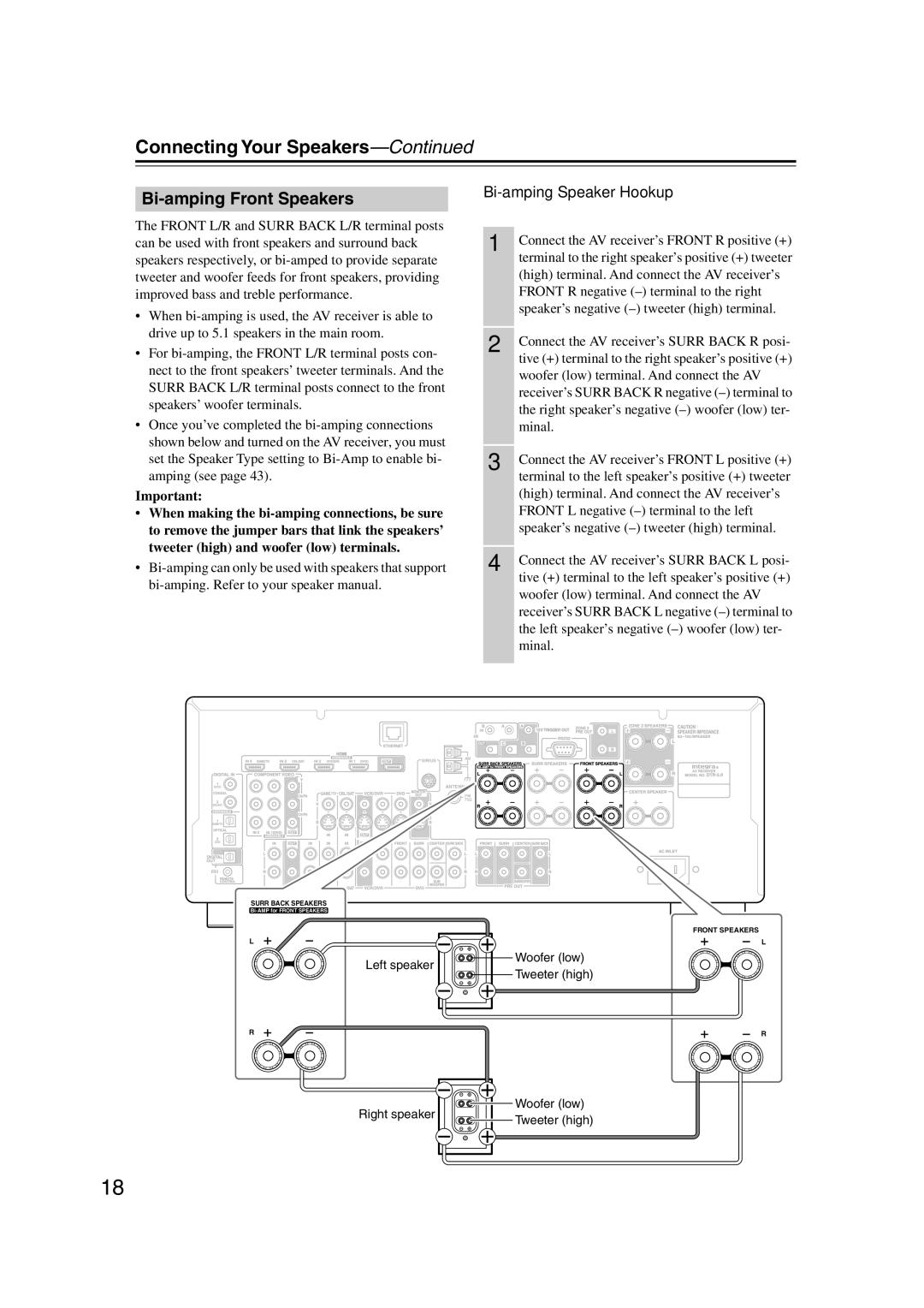 Integra DTR-5.9 instruction manual Bi-amping Front Speakers, Bi-amping Speaker Hookup 