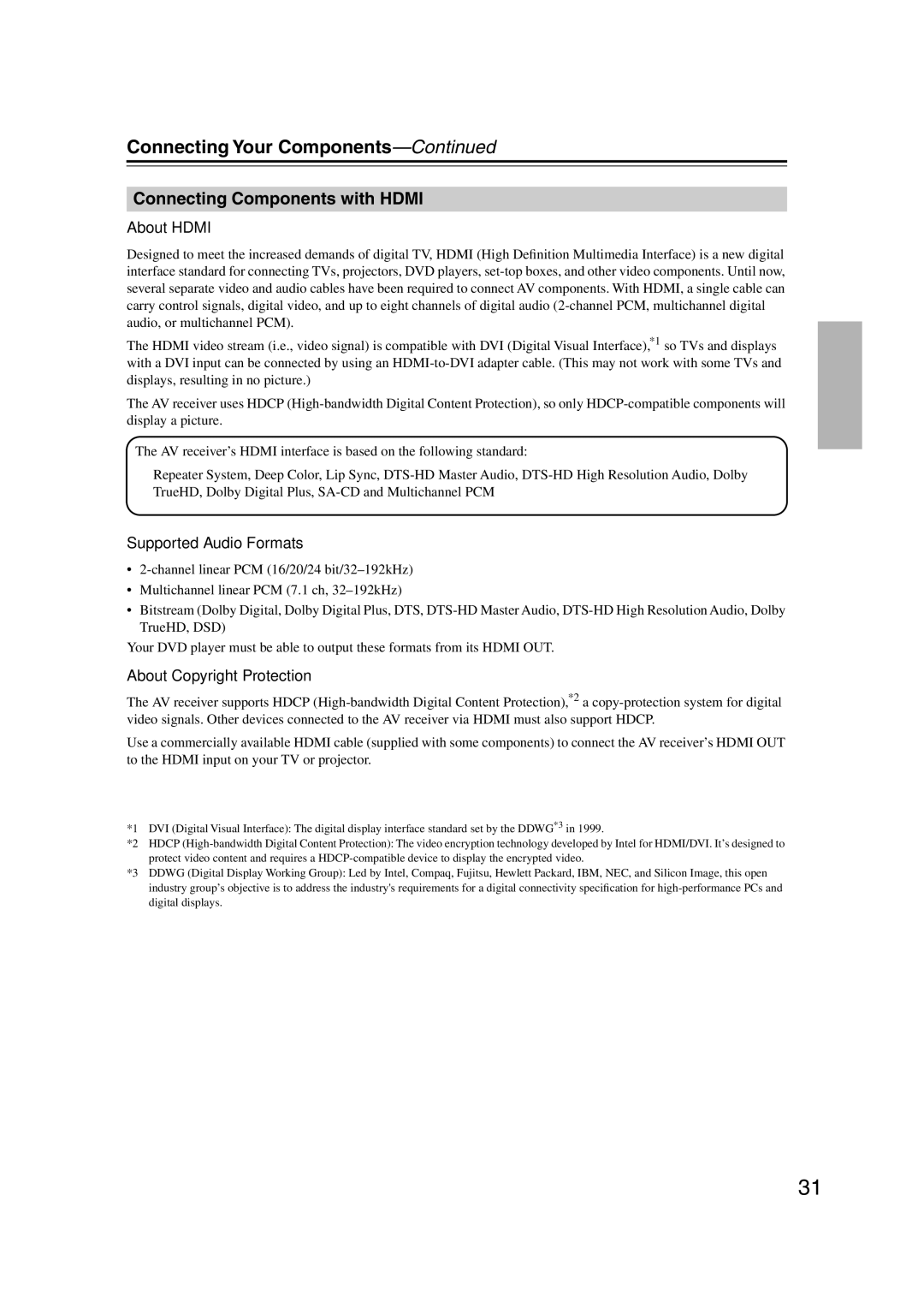 Integra DTR-5.9 Connecting Components with Hdmi, About Hdmi, Supported Audio Formats, About Copyright Protection 
