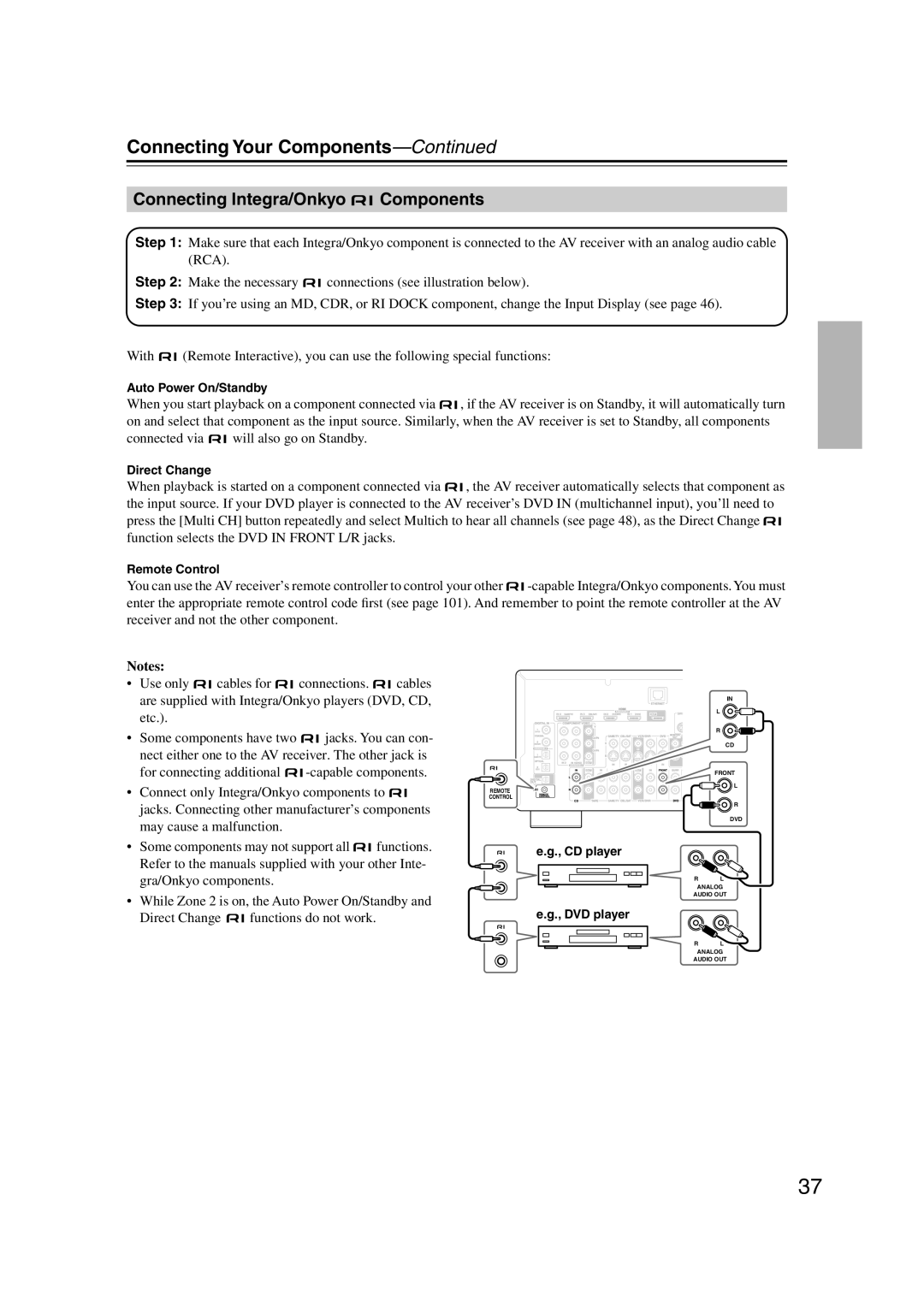 Integra DTR-5.9 Connecting Integra/Onkyo Components, Auto Power On/Standby, Direct Change, Remote Control 