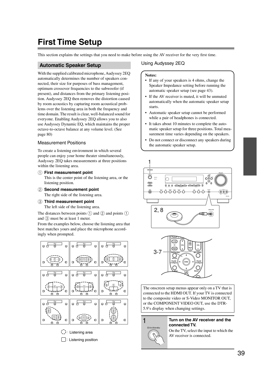 Integra DTR-5.9 instruction manual First Time Setup, Automatic Speaker Setup, Measurement Positions, Using Audyssey 2EQ 