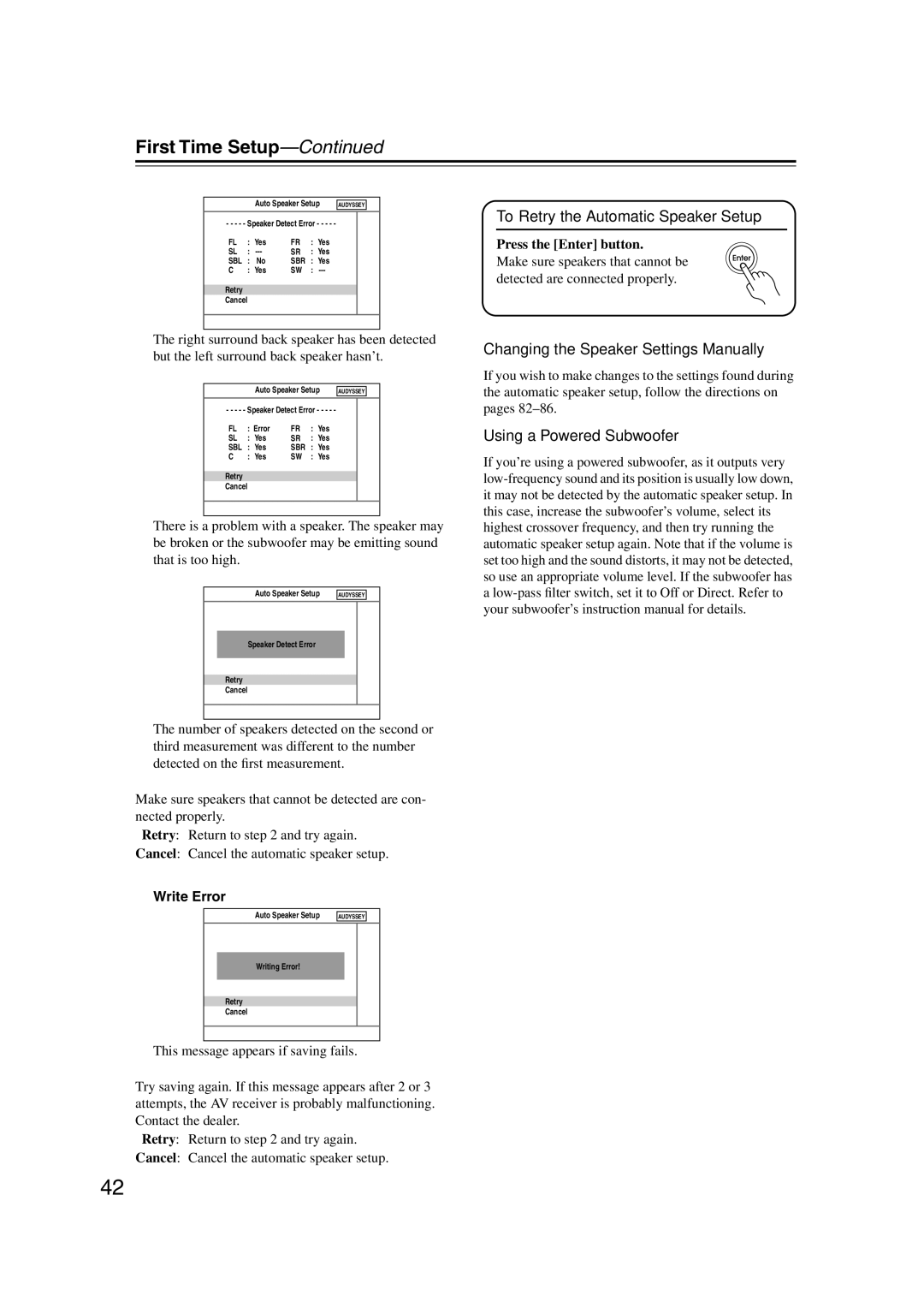 Integra DTR-5.9 To Retry the Automatic Speaker Setup, Changing the Speaker Settings Manually, Using a Powered Subwoofer 