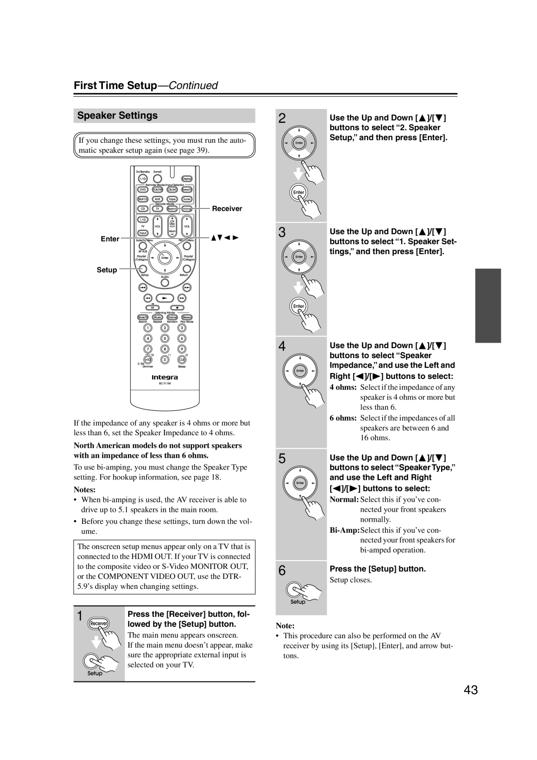 Integra DTR-5.9 instruction manual Speaker Settings 