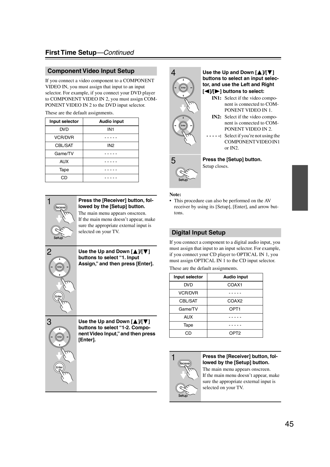 Integra DTR-5.9 instruction manual Component Video Input Setup, Digital Input Setup 