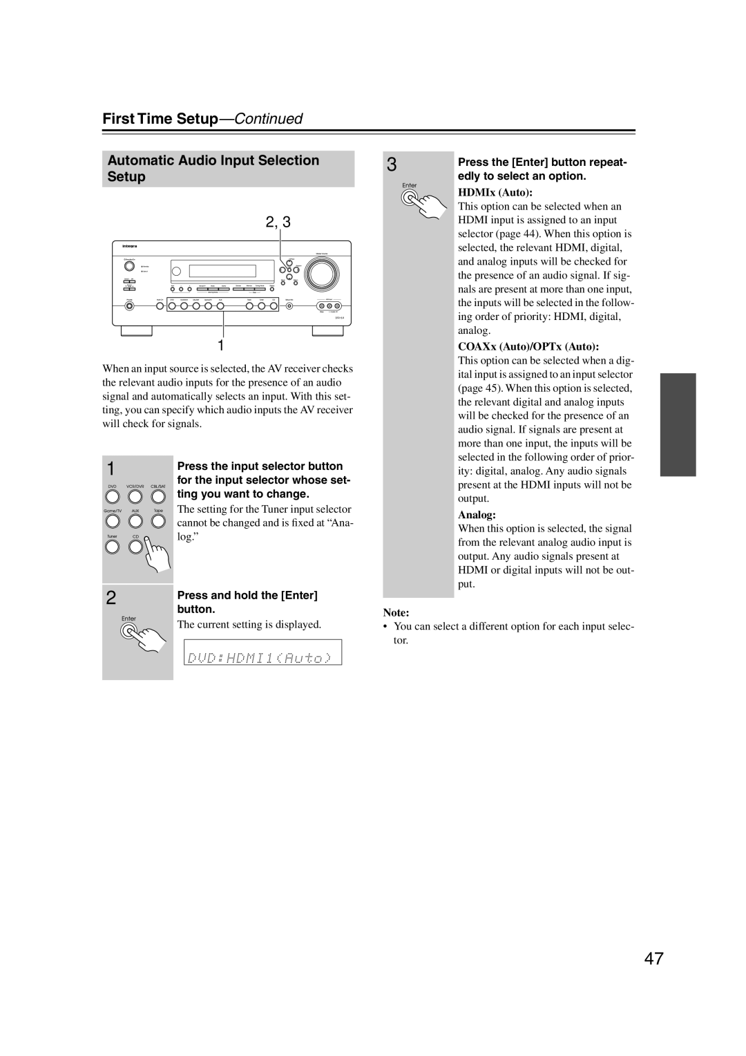 Integra DTR-5.9 instruction manual Automatic Audio Input Selection Setup 