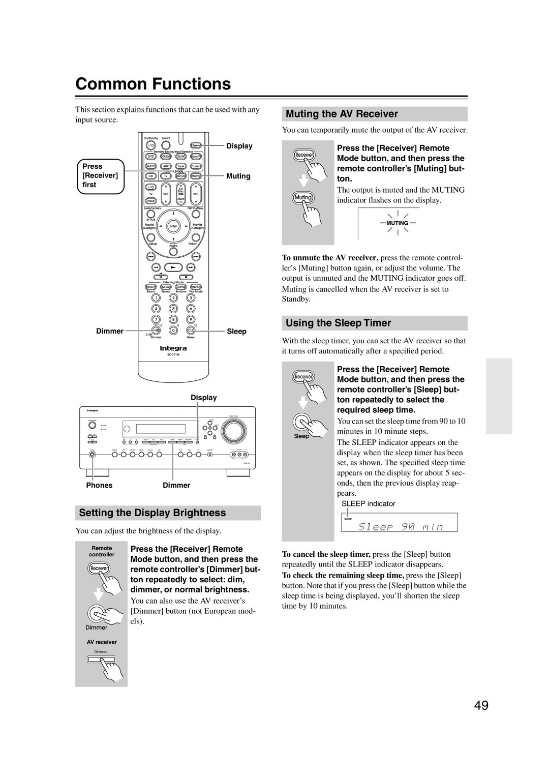 Integra DTR-5.9 Common Functions, Setting the Display Brightness, Muting the AV Receiver, Using the Sleep Timer 