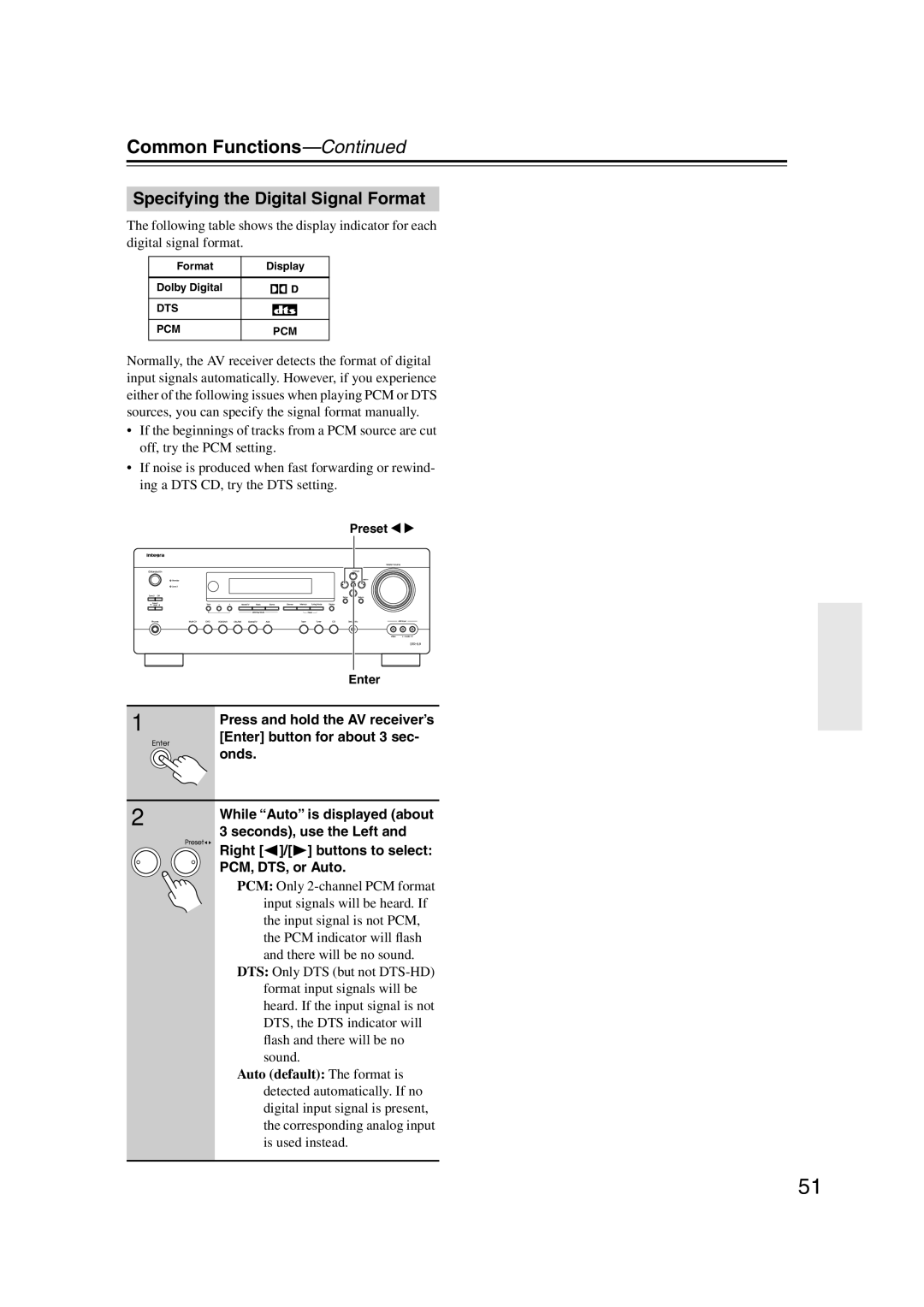 Integra DTR-5.9 instruction manual Specifying the Digital Signal Format, Preset Enter 