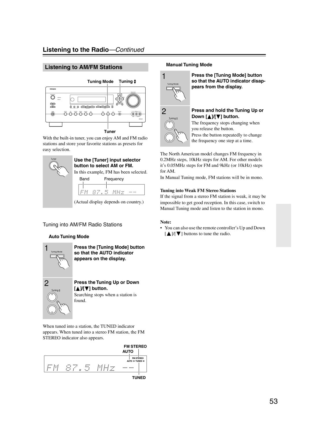 Integra DTR-5.9 instruction manual Listening to the Radio, Listening to AM/FM Stations, Tuning into AM/FM Radio Stations 