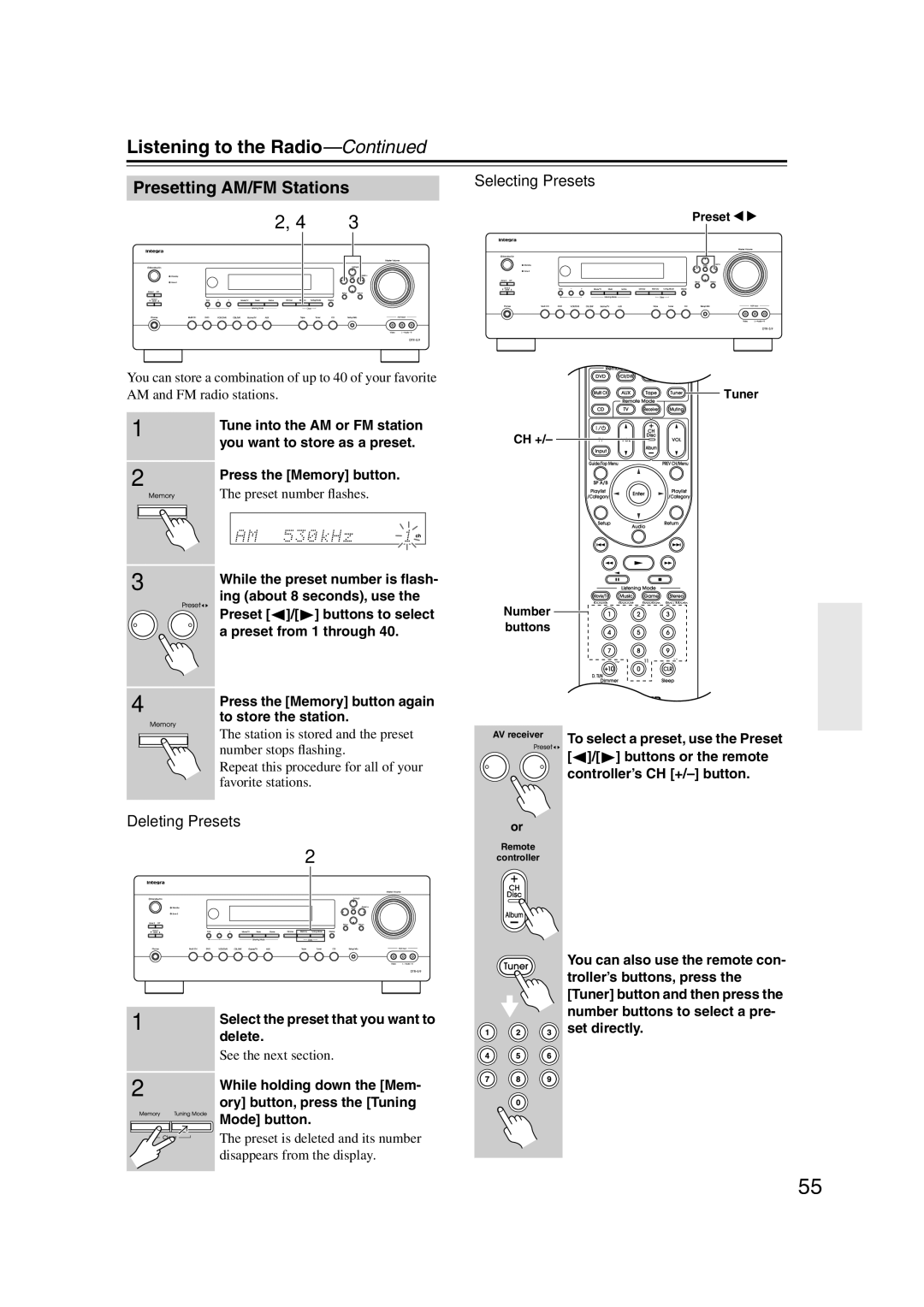 Integra DTR-5.9 instruction manual Selecting Presets, Deleting Presets 