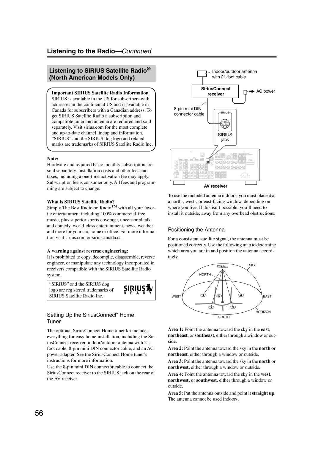 Integra DTR-5.9 Setting Up the SiriusConnect Home Tuner, Positioning the Antenna, What is Sirius Satellite Radio? 