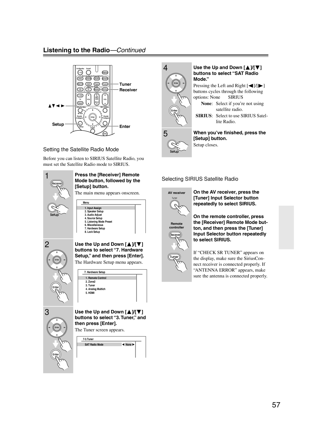 Integra DTR-5.9 Setting the Satellite Radio Mode, Selecting Sirius Satellite Radio, Mode button, followed by 