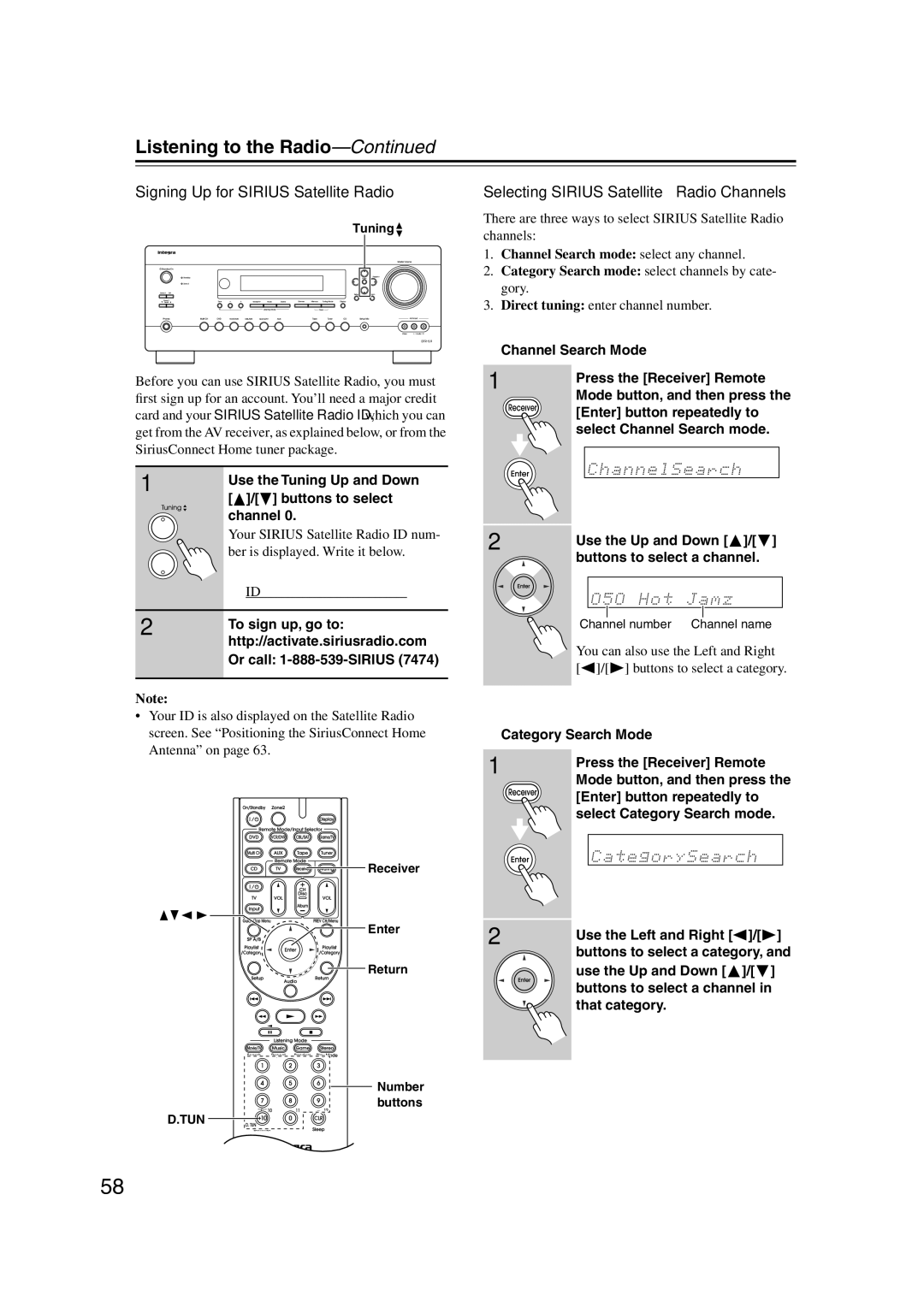 Integra DTR-5.9 instruction manual Signing Up for Sirius Satellite Radio, Selecting Sirius Satellite Radio Channels 