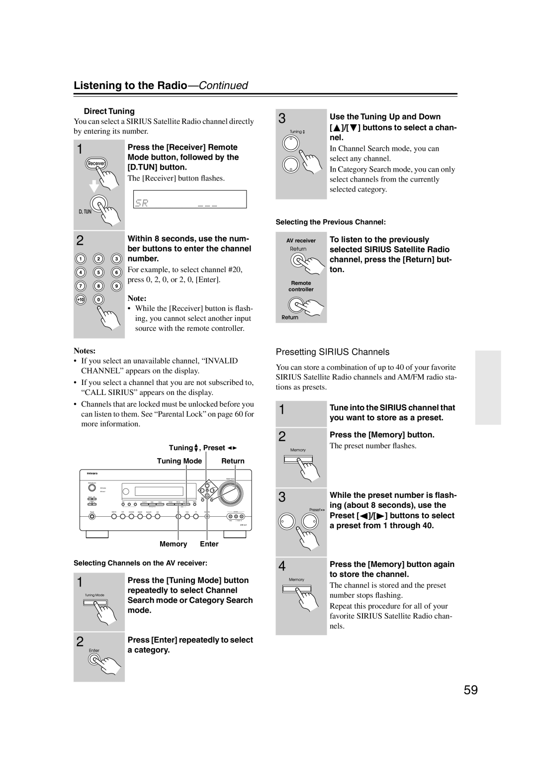 Integra DTR-5.9 instruction manual Presetting Sirius Channels 