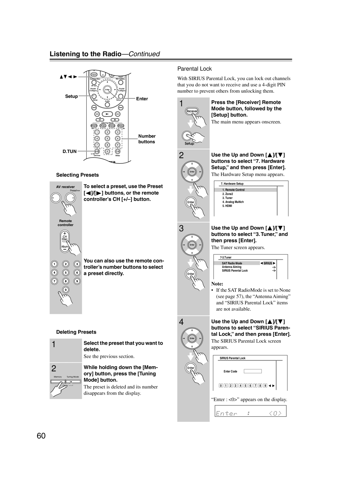 Integra DTR-5.9 Parental Lock, Buttons to select 3. Tuner, and then press Enter, Setup Enter Number buttons 