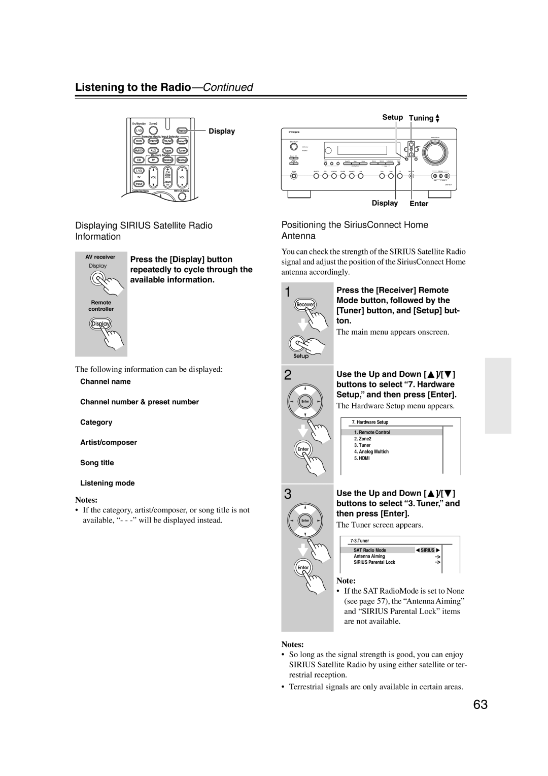 Integra DTR-5.9 Displaying Sirius Satellite Radio Information, Positioning the SiriusConnect Home Antenna 