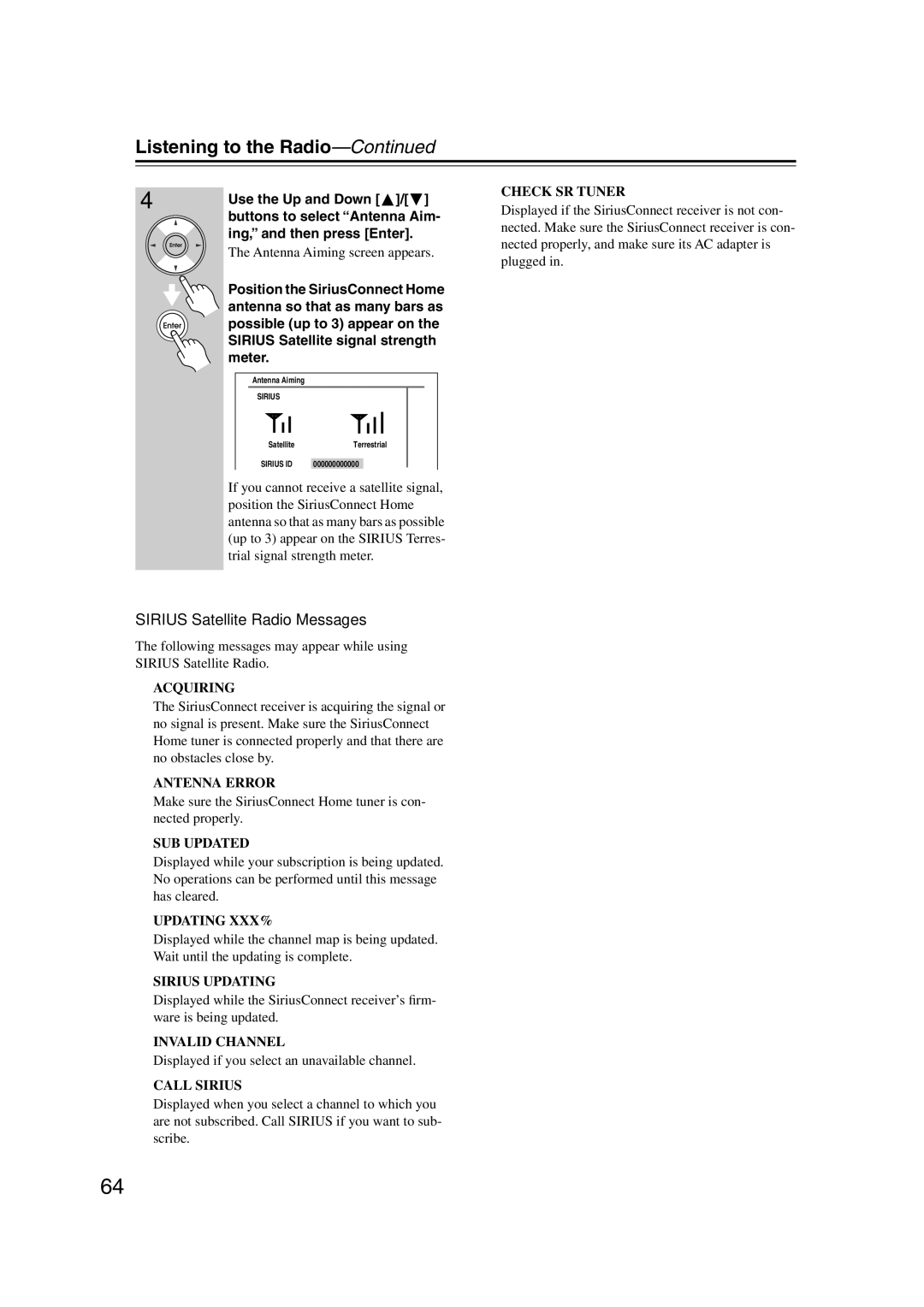 Integra DTR-5.9 instruction manual Sirius Satellite Radio Messages, Acquiring 