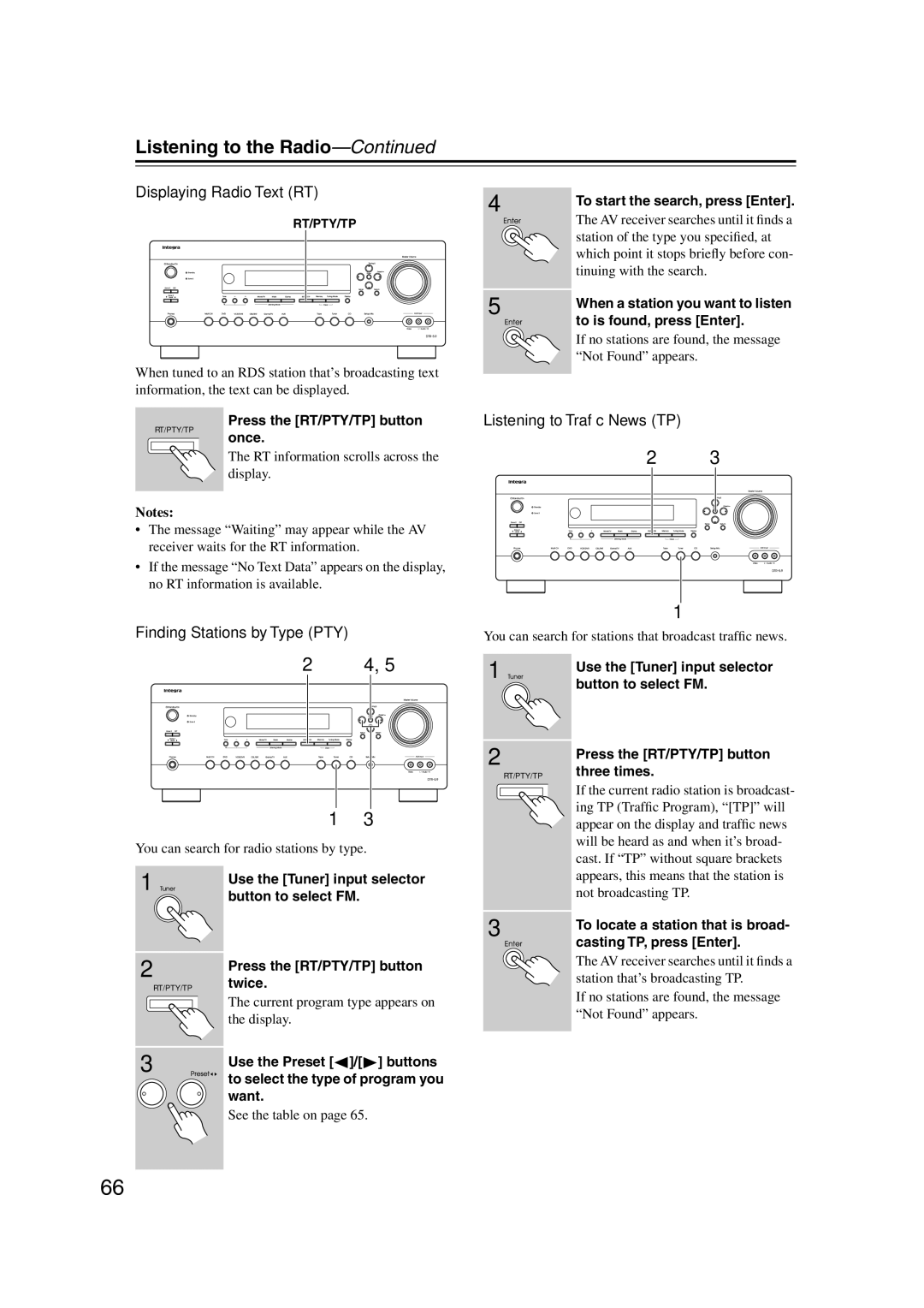 Integra DTR-5.9 instruction manual Displaying Radio Text RT, Listening to Trafﬁc News TP, Finding Stations by Type PTY 