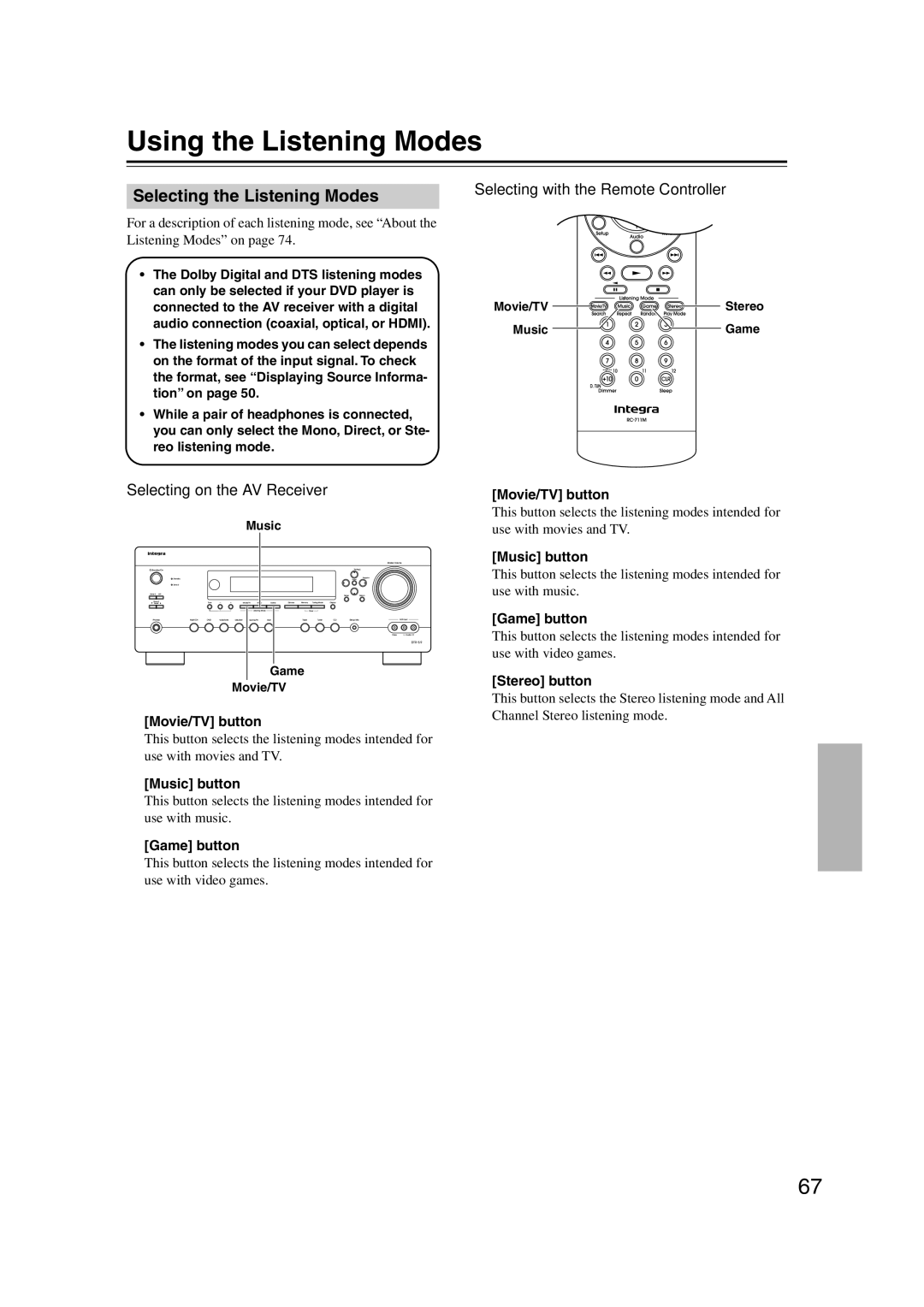 Integra DTR-5.9 Using the Listening Modes, Selecting the Listening Modes, Selecting with the Remote Controller 