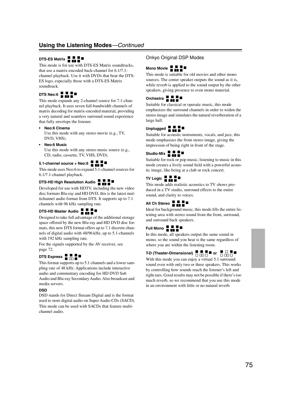 Integra DTR-5.9 instruction manual Onkyo Original DSP Modes 