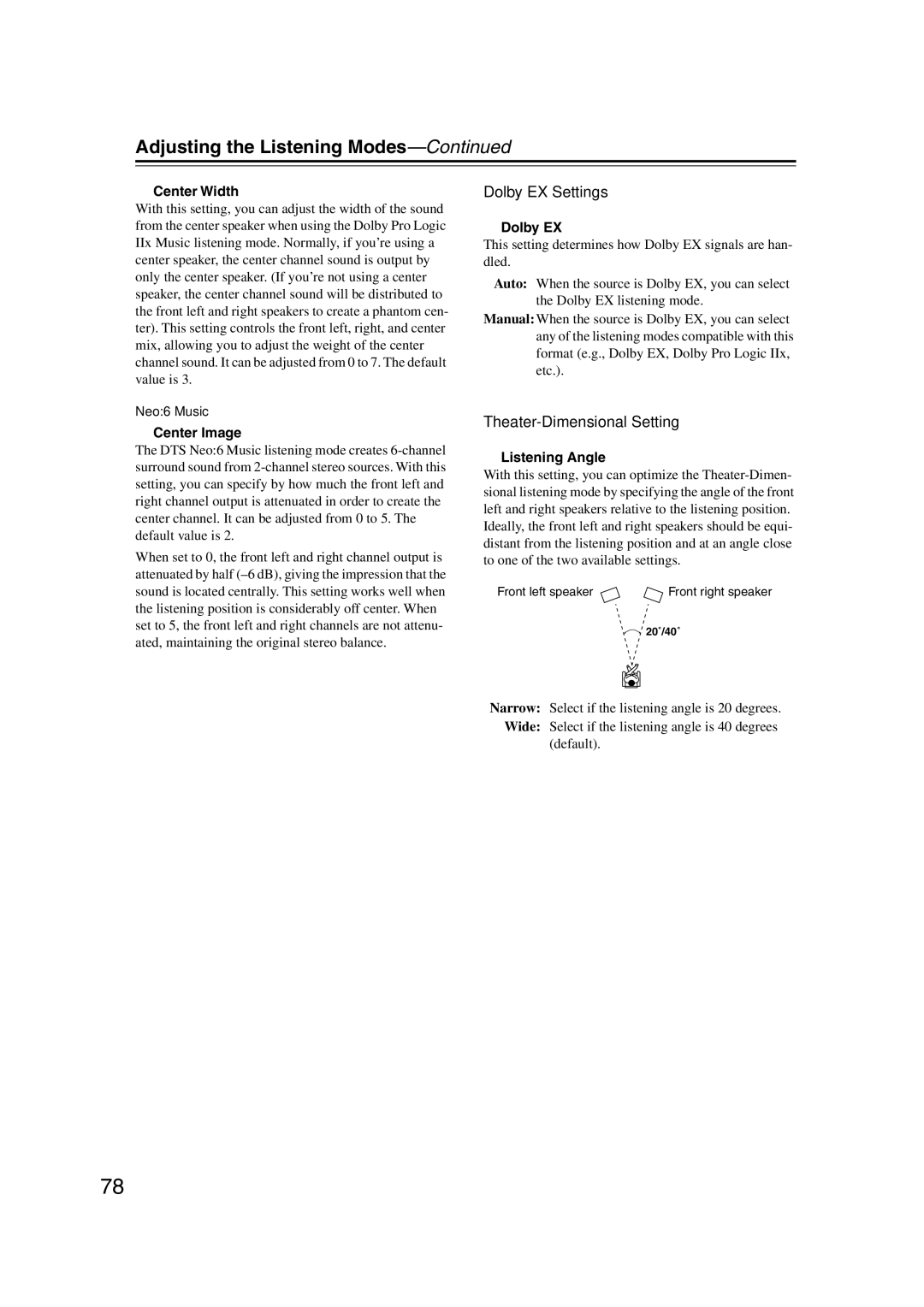 Integra DTR-5.9 instruction manual Adjusting the Listening Modes, Dolby EX Settings, Theater-Dimensional Setting 