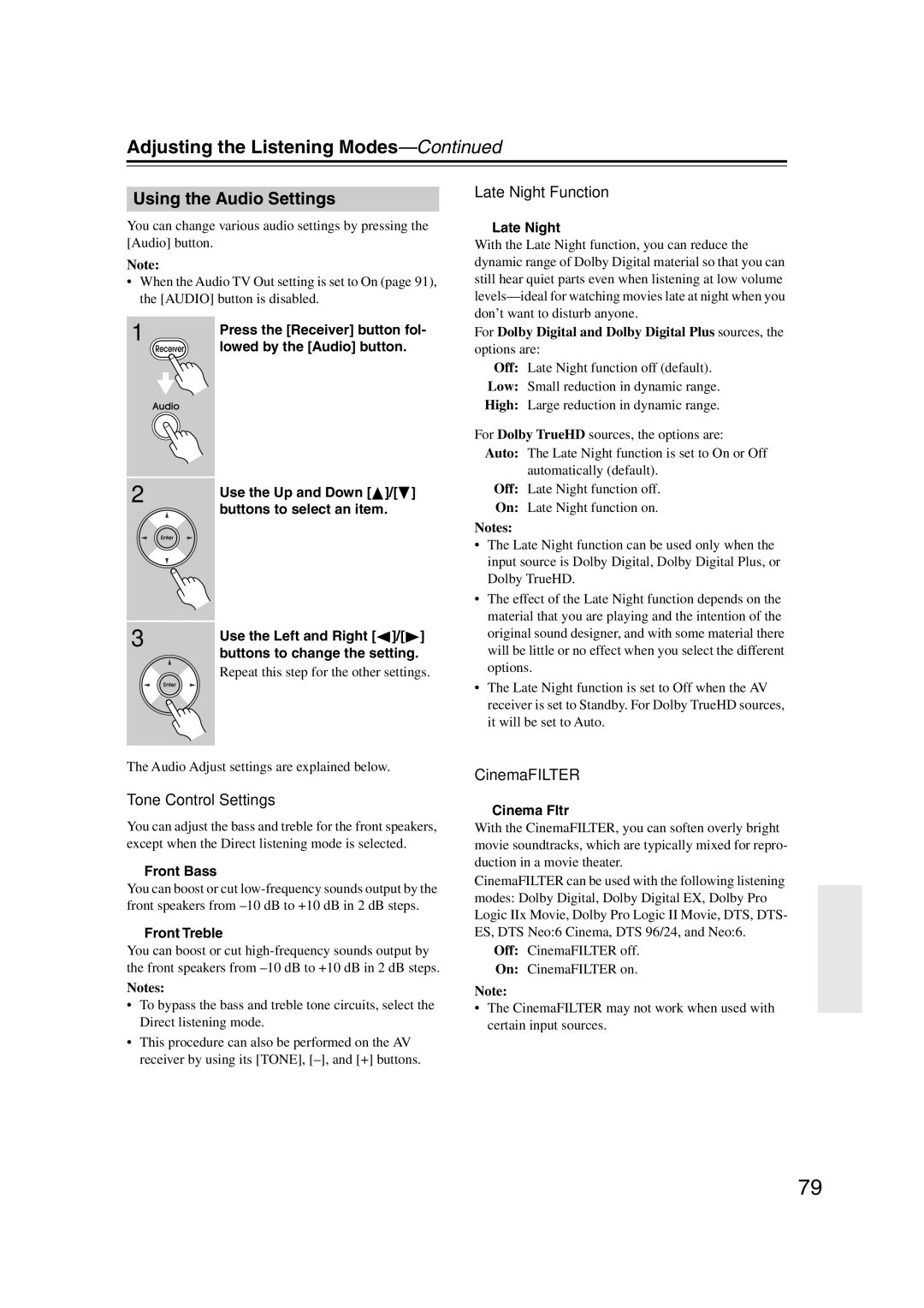 Integra DTR-5.9 instruction manual Using the Audio Settings, Late Night Function, Tone Control Settings, CinemaFILTER 