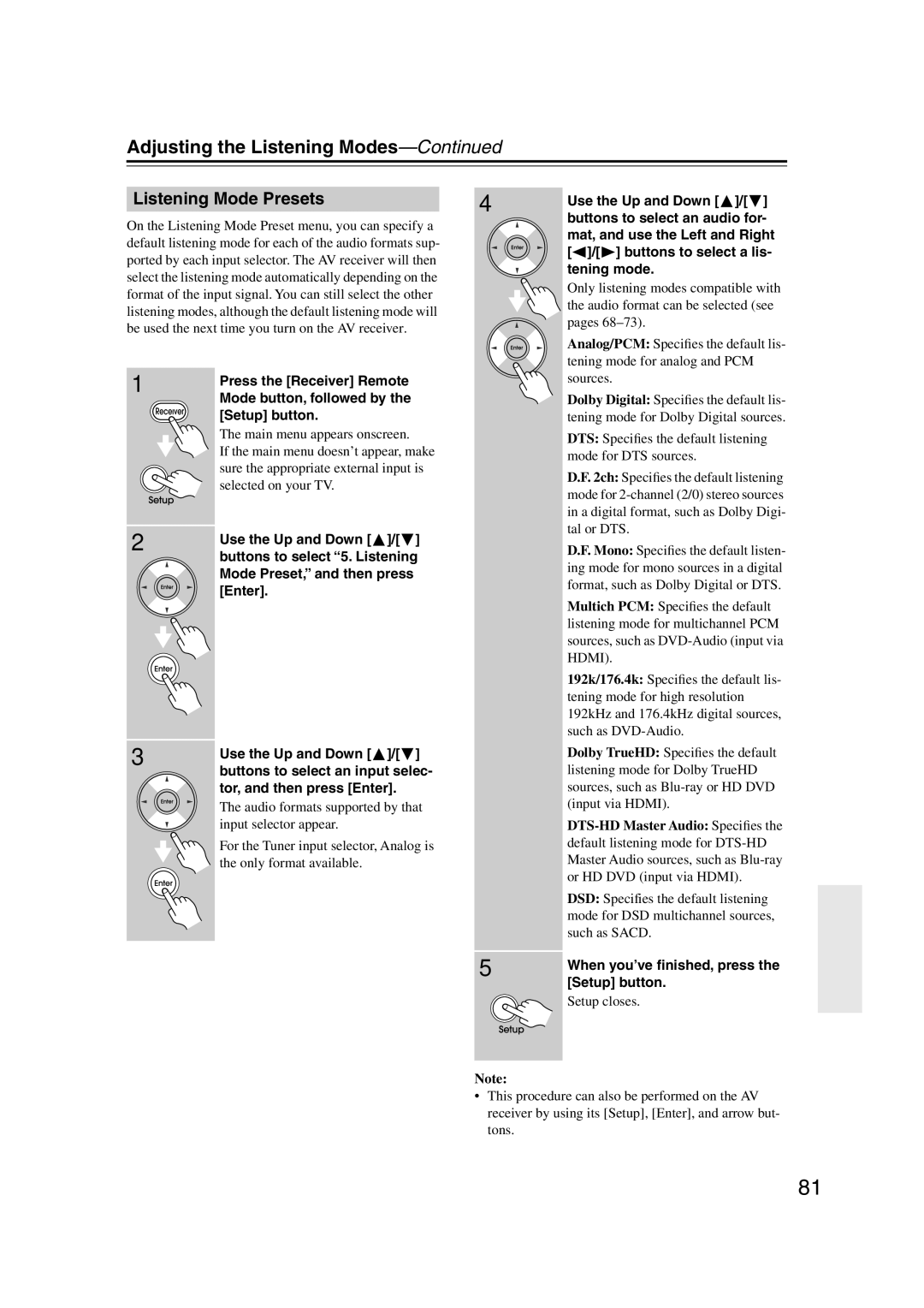 Integra DTR-5.9 instruction manual Listening Mode Presets 