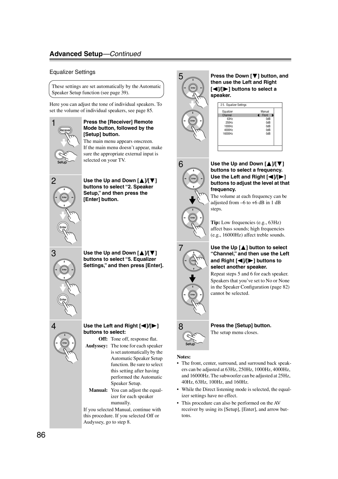 Integra DTR-5.9 instruction manual Equalizer Settings, Setup menu closes 