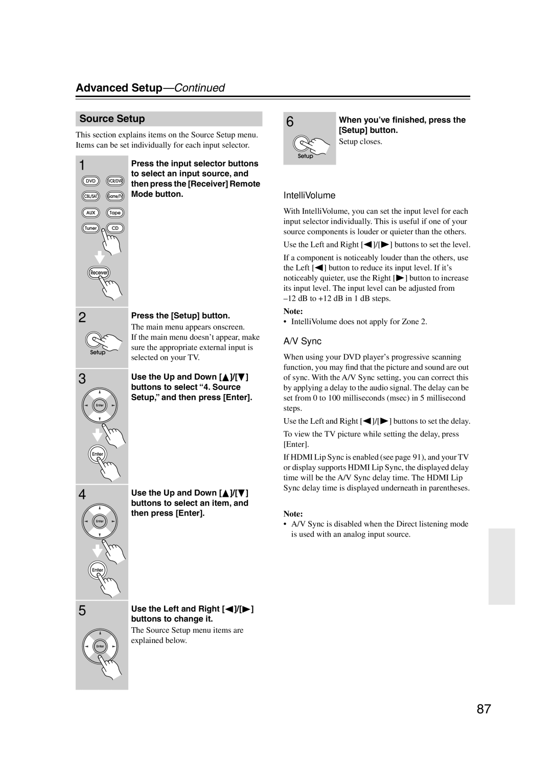 Integra DTR-5.9 instruction manual Source Setup, IntelliVolume 