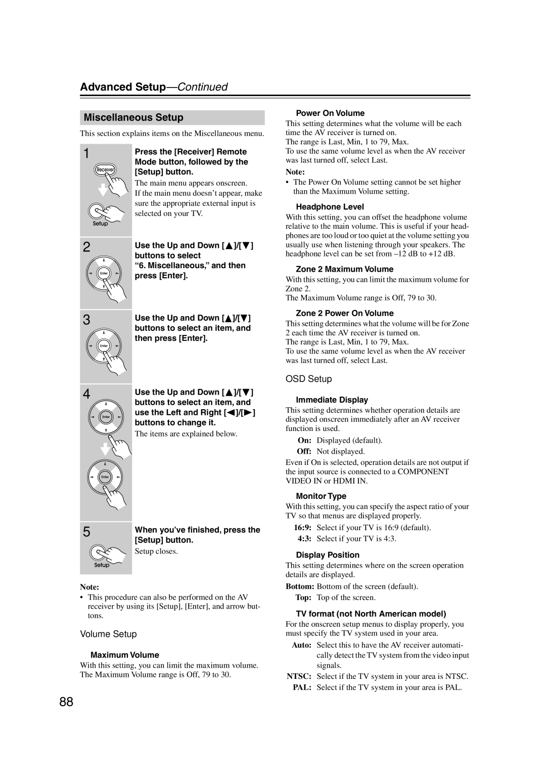 Integra DTR-5.9 instruction manual Miscellaneous Setup, Volume Setup, OSD Setup 