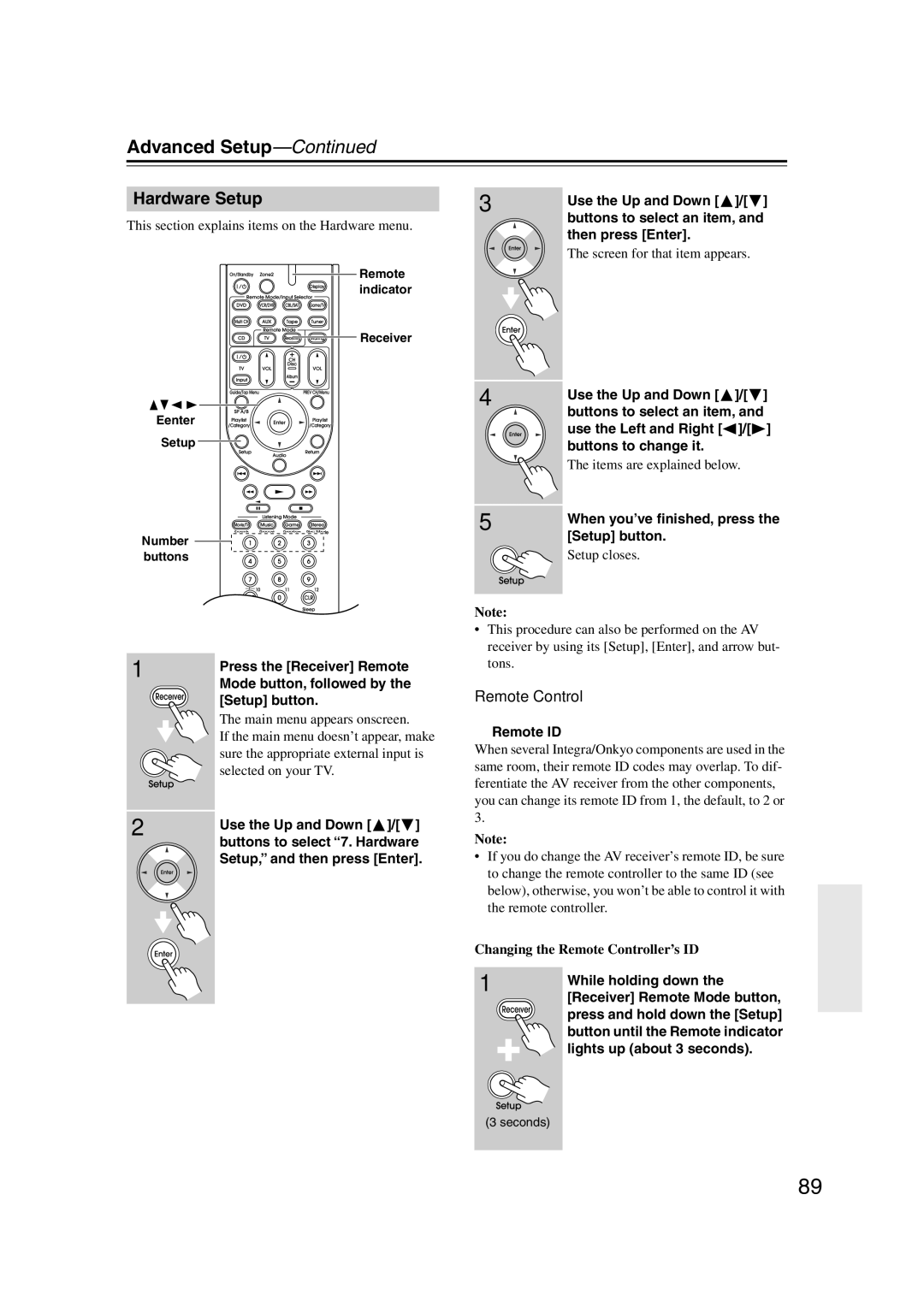 Integra DTR-5.9 instruction manual Hardware Setup, Remote Control 