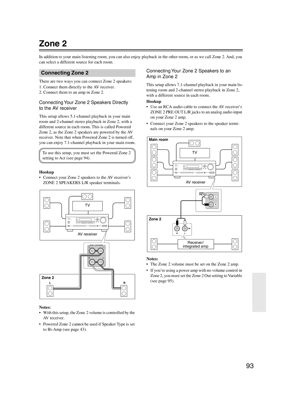 Integra DTR-5.9 instruction manual Connecting Zone, Connecting Your Zone 2 Speakers Directly to the AV receiver, Hookup 