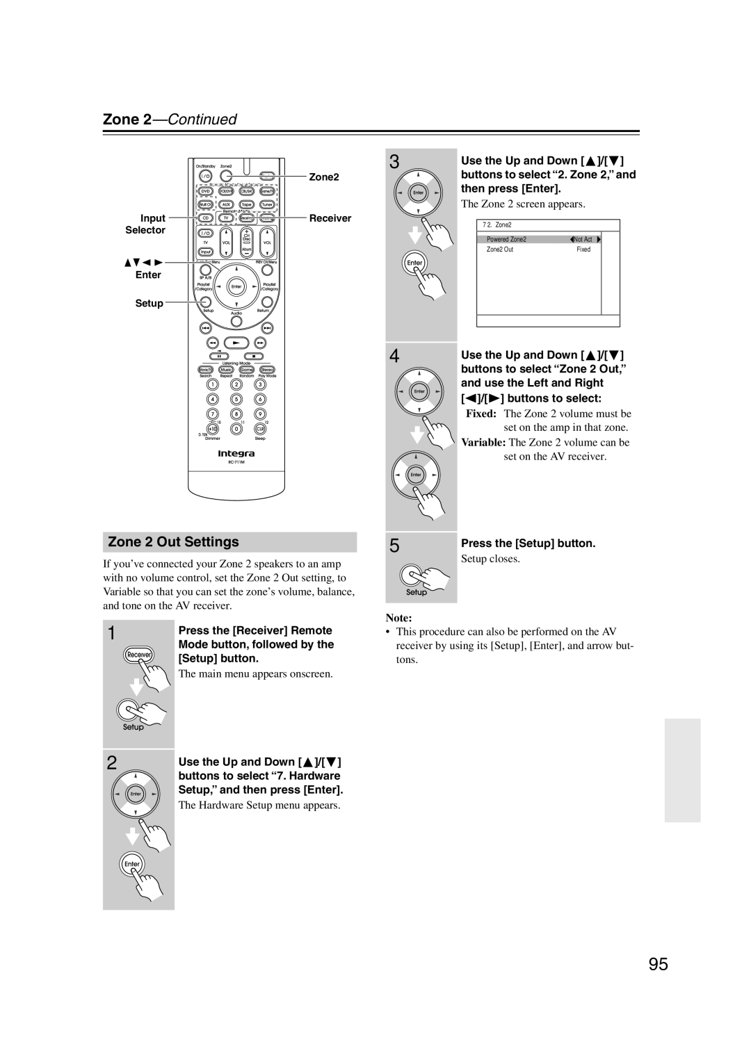 Integra DTR-5.9 instruction manual Zone 2 Out Settings, Zone2, Input, Enter Setup 