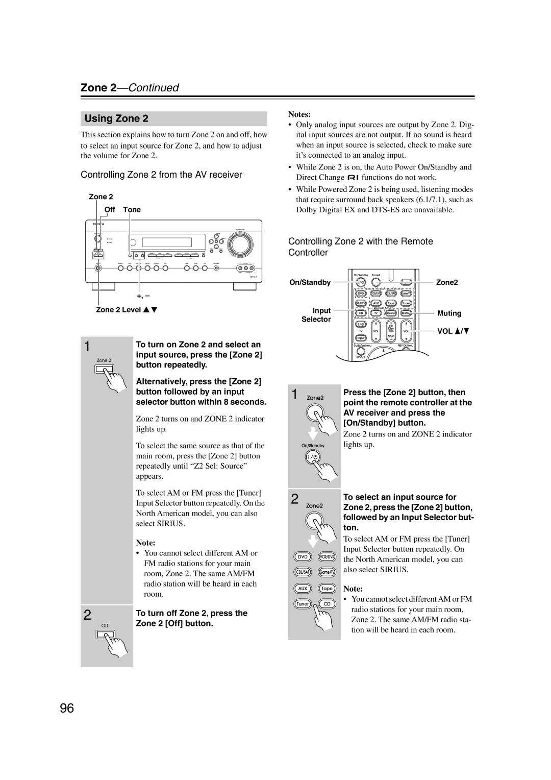 Integra DTR-5.9 Using Zone, Controlling Zone 2 from the AV receiver, Controlling Zone 2 with the Remote Controller 