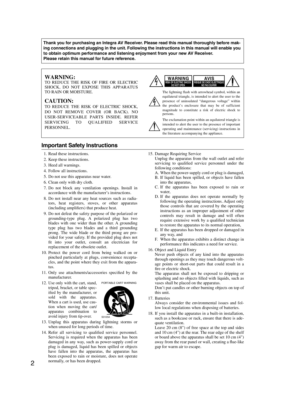 Integra DTR-5.9 instruction manual Important Safety Instructions, Avis 