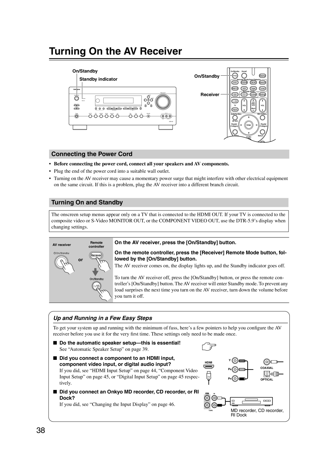 Integra DTR-5.9 instruction manual Turning On the AV Receiver, Connecting the Power Cord, Turning On and Standby 