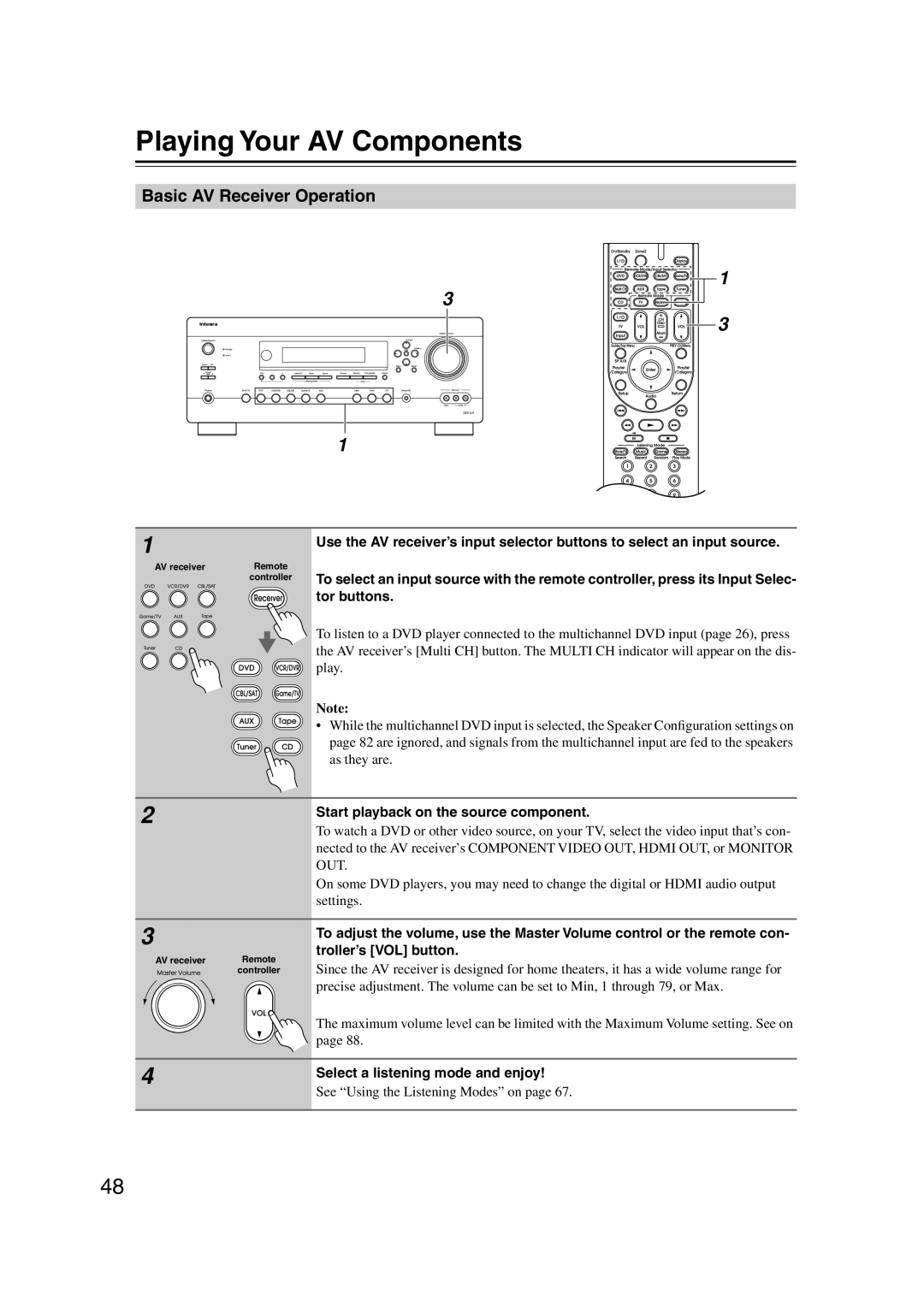 Integra DTR-5.9 instruction manual Playing Your AV Components, Basic AV Receiver Operation 