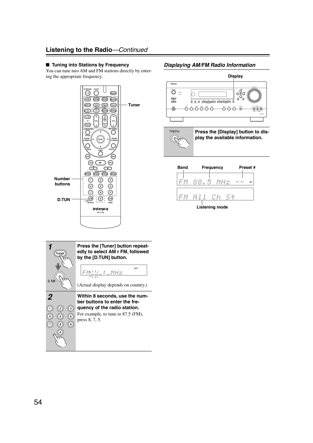 Integra DTR-5.9 instruction manual Displaying AM/FM Radio Information, Listening to the Radio—Continued 