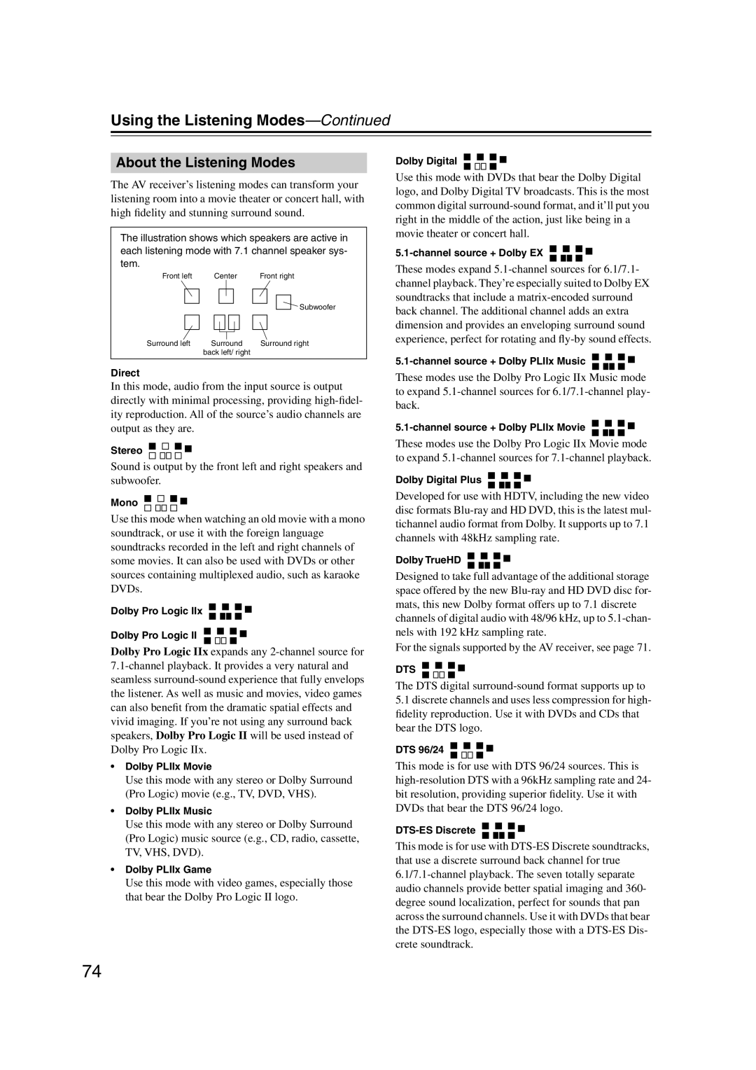 Integra DTR-5.9 instruction manual About the Listening Modes, Using the Listening Modes—Continued 