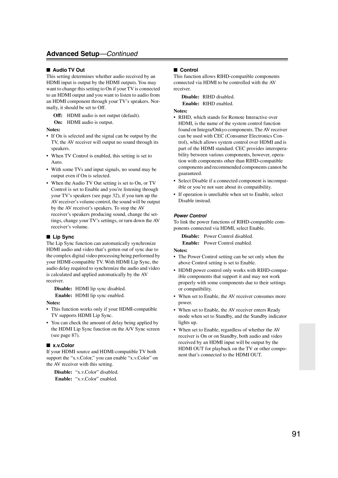 Integra DTR-5.9 instruction manual Advanced Setup—Continued, Notes 