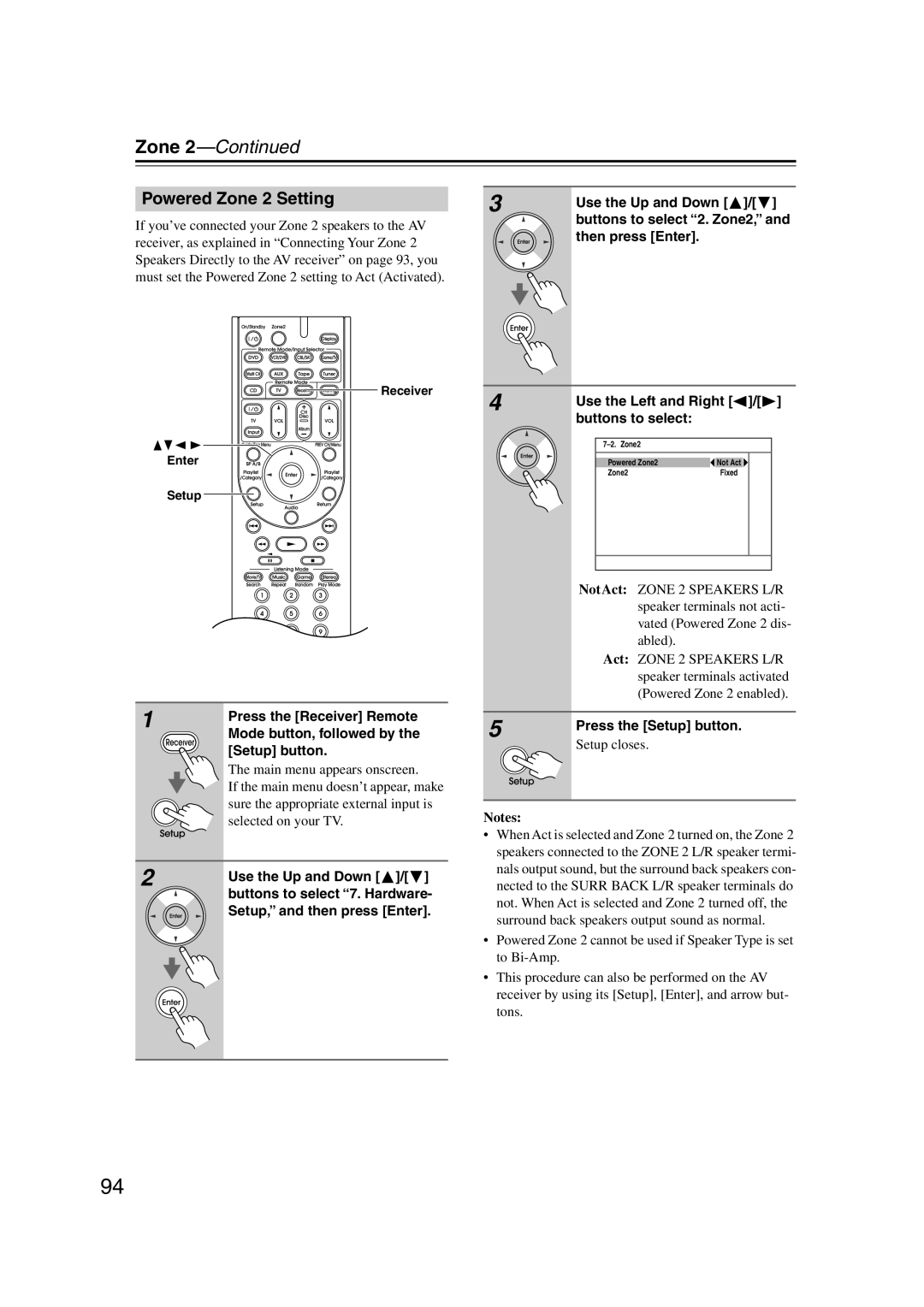 Integra DTR-5.9 instruction manual Zone 2—Continued, Powered Zone 2 Setting, Setup closes, Notes 