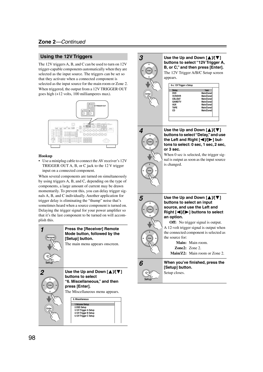 Integra DTR-5.9 instruction manual Using the 12V Triggers, Zone 2—Continued, Hookup 